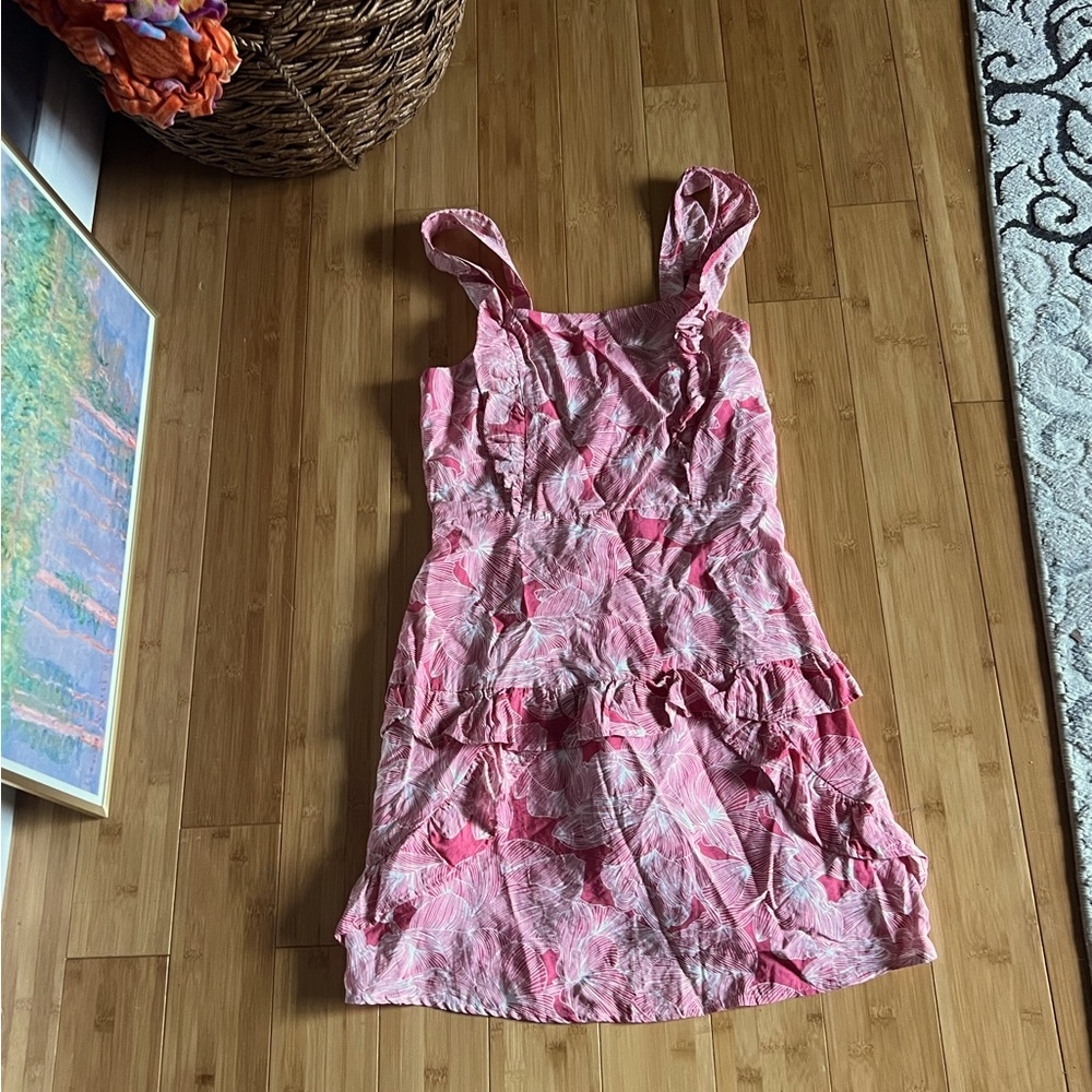 Pink and White Tropical Print Ruffle Dress